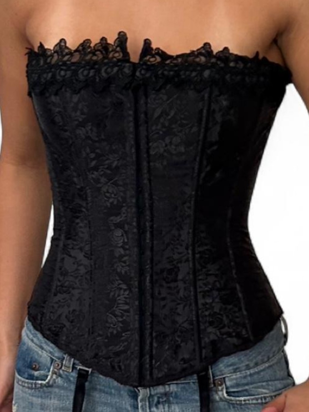 Frederick's Of Hollywood Black Satin Strapless Lace Trim Corset Size 34